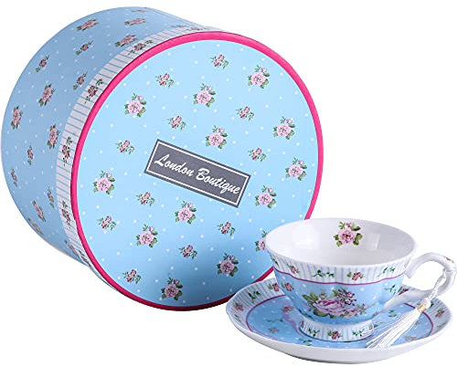 London Boutique Juego Tazas de té y platillos, diseño Vintage de Flora Rosa y Lavanda en Caja de Regalo (Rosa Azul 1 Unidad)