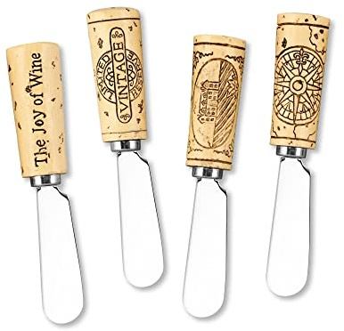 Supreme Housewares Vintage Wine Cork Cheese Spreaders, Hand-Painted Resin Handles with Stainless Steel Blades for Spreading Cream Cheese, Butter, and Jam, Assorted Designs, Set of 4