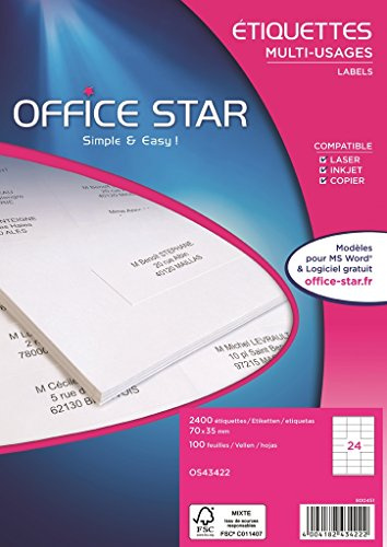 OFFICE STAR - Boite de 2400 étiquettes autocollantes blanches multi-usages, format 70 x 35 mm, personnalisables et imprimables tous types d'imprimantes laser, jet d'encre, copieur