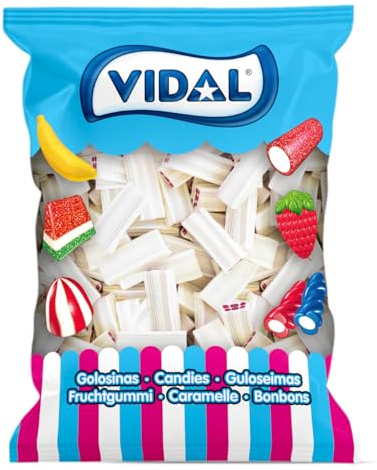 Vidal Golosinas. Ladrillos Blancos Fresa Nata. Regaliz relleno con sabor fresa y nata, con cobertura ácida. Color blanco por fuera y rojo por dentro. Sin gluten ni grasa. Bolsa 250 u