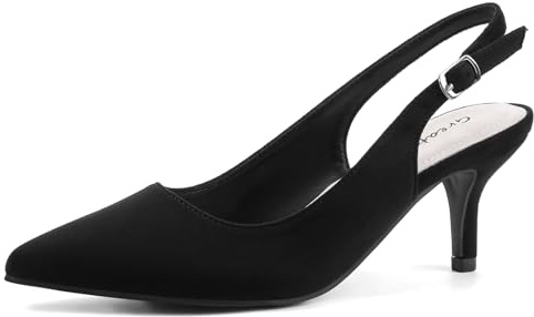 Greatonu Womens Court Shoes Low Kitten Heels Slingback Pointed Toe Dress Pumps Black