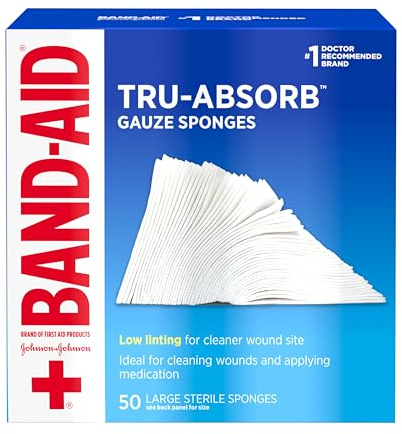 BAND-AID Brand First Aid Products Tru-Absorb Sterile Gauze Sponges for Cleaning and Cushioning Minor Wounds, Cuts & Burns, Low-Lint Design, Individually Wrapped 4 in by 4 in Pads
