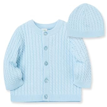 Little Me Clothes for Baby Boys’ and Girls’ Sweater and Cap Set, Soft Cable Knit Cotton Outfit with Pearlized Buttons, Baby Essentials, Light Blue, 12 Months