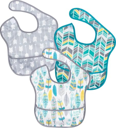 Bumkins Bibs for Girl or Boy, SuperBib Baby and Toddler for 6-24 Months, Essential Must Have for Eating, Feeding, Baby Led Weaning Supplies, Mess Saving Catch Food, 3-pk Feathers, Arrows and Quill
