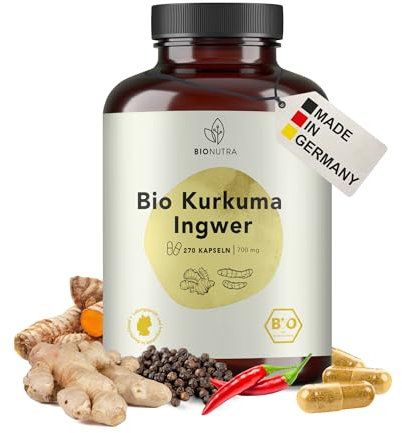 BIONUTRA® Bio Kurkuma und Ingwer Kapseln hochdosiert mit schwarzem Pfeffer und Chili, 4200 mg Tagesdosis, rückstandskontrolliert, deutsche Herstellung, vegan, ohne Zusätze, 270 Stück x 700mg