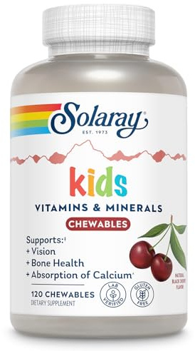 SOLARAY Kid's Vitamins & Minerals, Multivitamin for Kids - Bones, Vision, Heart Health Support w/Vitamin C, Vitamin D and B2, Iron - Gluten Free, 120 Black Cherry Chewables, 60 Servings