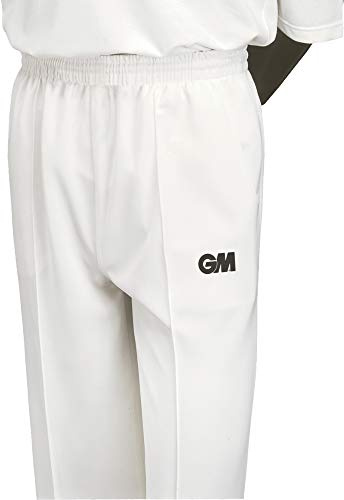 Gunn & Moore GM | Cricket Trousers, Athletic Fit Elasticated Waist 2 Pockets, Quick Drying & Enhanced Moisture Management, Off White with GM Logo, Small - Waist 30-32 Finished Hem Approx 33