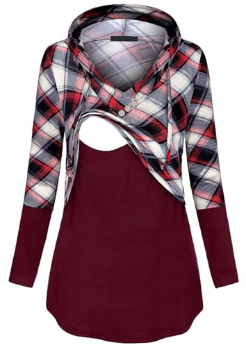 connche Quinee Postpartum Clothes, V Neck Long Sleeve Thin Nursing Hoodie Discreet Flowy Breastfeeding Top Maternity Shirts Pullover Sweatshirts for Women Daily Wear Red Beige Plaid XXL