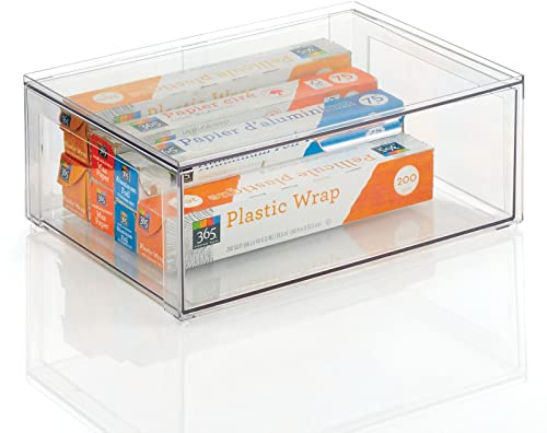 mDesign Plastic Stackable Kitchen Storage Organizer Bin Containers with Front Pull Drawer for Cabinet, Pantry, Fridge, Freezer, Shelf, Refrigerator Organization - Lumiere Collection - Clear