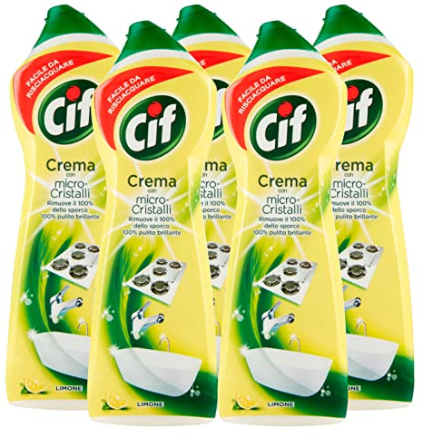 5 x Cif Nettoyant en crème multi-surfaces avec micro-cristaux au parfum de citron 100 % propre brillant – 5 flacons de 750 ml