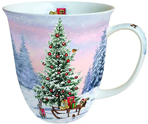 Ambiente Porzellan Tasse ca. 400ml Becher Bone China Mug Für Tee Oder Kaffee Herbst Winter Weihnachten Christmas tree in Forest Winter Animals