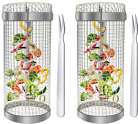 Cestello per Barbecue in Acciaio Inox 2 Pezzi, Griglia Barbecue con Forchetta, Accessori Barbecue, Verdura Griglia per Cestello Barbecue, Perfetto per Pesce, Verdure, Carne, Patatine Fritte