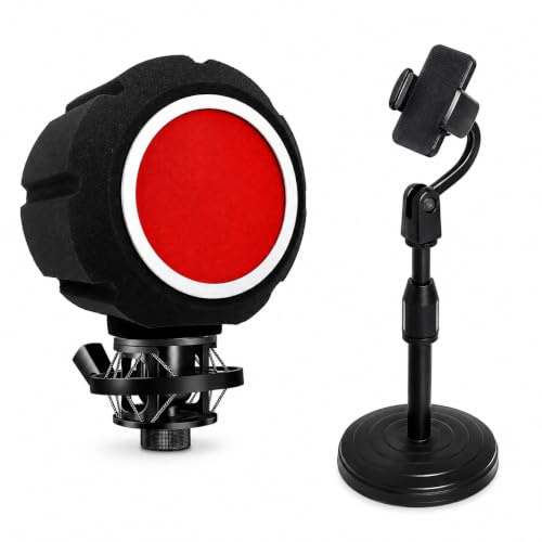 Mic Isolation Shield, Foam Wind Shield with Adjustable Holder& Pop Filter