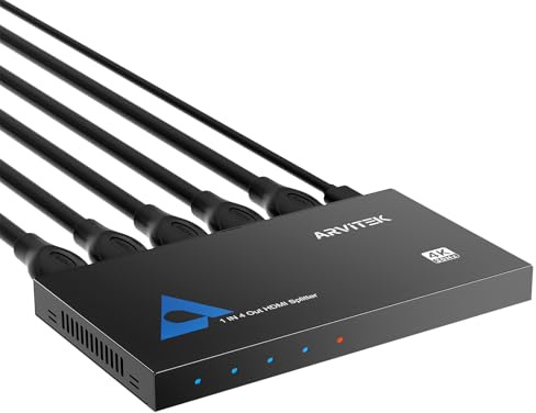 Arvitek Répartiteur HDMI 1 Entrée 4 Sorties, Splitter HDMI 4K 1x4 Métal, 4K@30Hz pour TV, Moniteur, Xbox, PS4/PS5, PC Portable, Miroir Uniquement ne Pas étendre