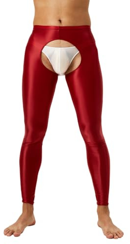 Sywiyi Nylonleggings för män, sexiga strumpbyxor i gren, öppna långa underbyxor, ouvert, underkläder, sexiga underkläder, slim fit, stretch, Burgund, XL