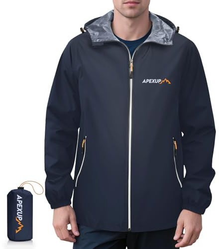 APEXUP Packable Rain Jacket Men with Reflective Zipper, Lightweight Waterproof Jacket Windbreaker Hooded Raincoat, Mens Rain Jackets for Outdoor, Running, Hiking, Travel, Cycling (Navy, L)