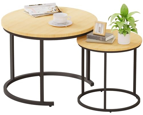 Yorbay 2er Set Couchtisch Rund: Moderne Beistelltisch Set aus Holz mit Metallgestell - Satztisch für Wohnzimmer Schlafzimmer Büro - Groß: 60 x 60 x 46cm & Klein: 46 x 46 x 41cm (Naturholzfarbe)
