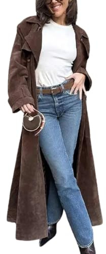Trench lungo in finta pelle scamosciata da donna Cappotto con risvolto dentellato Cappotto a pisello doppiopetto con cintura (Marrone,XL)