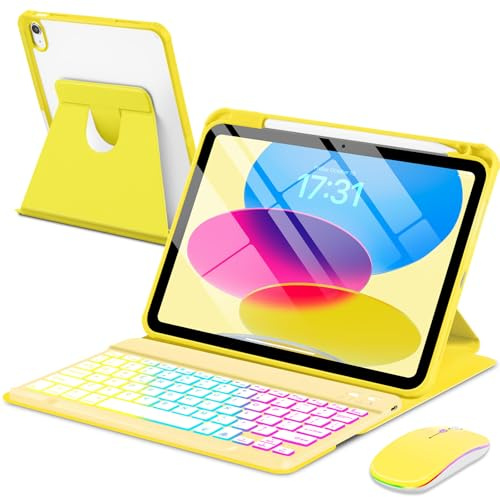 EAMPANG Case with Keyboard Mouse for iPad A16 11th 10th Generation 11/10.9 inch,Rainbow Backlit Detachable Keypad Rotatable Magnetic Cover with Pencil Holder for iPad 11 2025 10 Gen 2022 Yellow