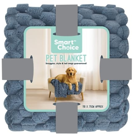 Smart Choice Faux Fur Pet Blanket 110 × 75 cm Textured Square Blue Throw with 180 gsm Velvet Backing - Soft Warm Reversible Dog & Cat For Home & Travel Furniture Cover