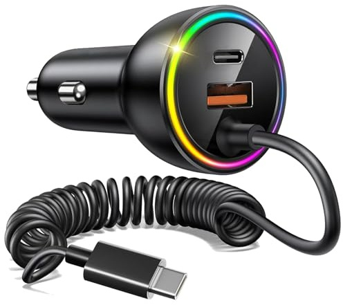 Menibeuty 75 W encendedor de cigarrillos USB C/A con espiral tipo C, adaptador de encendedor de cigarrillos, cable de carga rápida para coche, cargador USB para coche para Cell Phone 17 16 16e 15 Pro