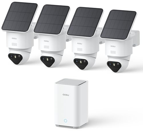 aosu 4K T2 Ultra Camera Surveillance WiFi Exterieure sans Fil Solaire, 4 Cam-Kit & aosuBase 2.0, 8MP Vision Nocturne, sans Abonnement, 32 Go Local & 1 to Extensible, 360° Panorama Suivi IA, 5G/2,4G