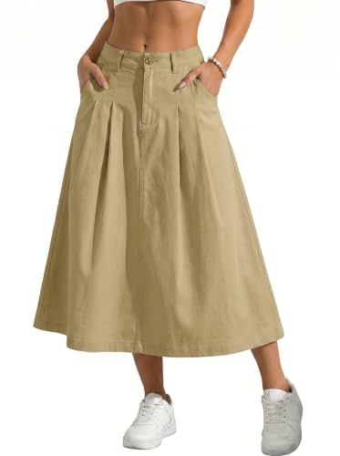GRECERELLE Gonna lunga estiva da donna, casual, maxi gonna cargo tinta unita, elastica, a vita alta, vestito linea A con tasche, per donna, cachi, L