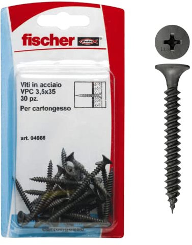Fischer 30 Viti per Cartongesso 3,5x35 mm, Fosfatate Autoperforanti, per Fissaggio Lastre su Profili Metallici, Filettatura a Passo Fine, Impronta Phillips, 4666