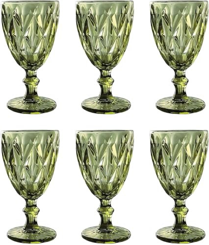 Vintage 6er-Set Farbige Weingläser und Trinkgläser mit Diamant Muster (Rombus) Longdrinkgläser, Cocktail Gläser mit Prägung, Glas, Trinkglas, Weinglas, Wasserglas, Glaskelche (Grün Weinglas)