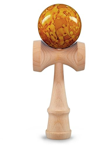 Ganzoo Kendama de Madera de Haya Modelo Yellow Flash, diseño Amarillo y Madera Natural, 16 cm de Altura, Bola 6 cm, Juguete de destreza con 3 Tazas y Cordel
