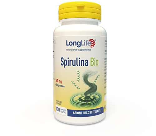 LongLife® Spirulina Bio | Alga titolata in proteine, ficocianina, clorofilla e carotenoidi | BIO | Azione di sostegno e ricostituente | 100 capsule vegetali | Vegano e senza glutine