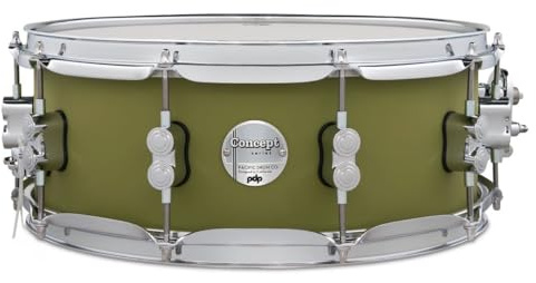 Pacific Drums Concept Maple Snare, 14 x 5.5, Satin Olive Finish Ply | Features a 10-ply European Maple shell and high-end DW drum hardware