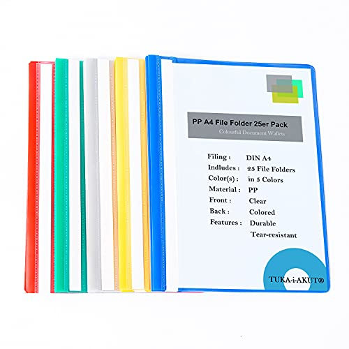 TUKA-i-AKUT 25x Schnellhefter A4 mit Beschriftungsfeld, PP Kunststoff Standard Hefter PVC-frei, Transparente Decke, Heft für Schule, Büro und zu Hause, 25 Stück Set, TKD8055