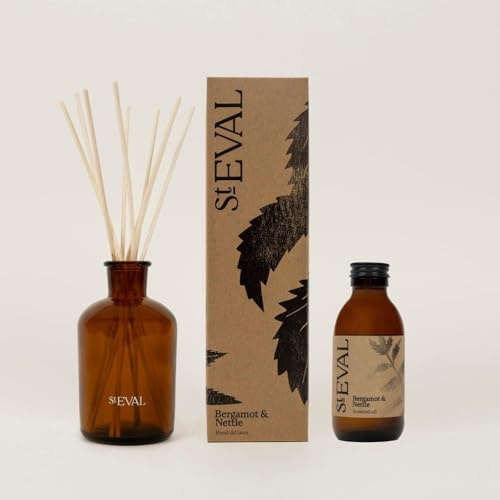 St Eval Bergamot & Nettle Reed Diffuser, 150ml with 10 Natural Reeds | Lively, Zesty and Warm for a Sunny Disposition | Up to 3 Months of Fragrance | Amber Glass Bottle | Made in Cornwall