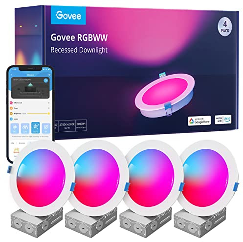 Govee Smart Recessed Lighting 6 Inch, Wi-Fi Bluetooth Direct Connect RGBWW LED Downlight, 65 Scene Mode, Canless Recessed Light Work with Alexa & Google Assistant with Junction Box, 1100 Lumen, 4 Pack