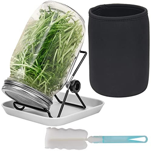 Bocal de germination de graines, 1 pots Mason à large ouverture avec couvercles de germination en acier inoxydable 304, 1000ml, avec plateau, support, toile d'ombrage et brosse, germes de graines