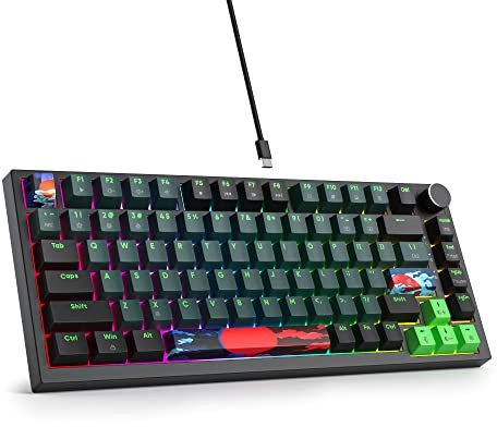 SOLIDEE Trådat 75% Mekaniskt Speltangentbord Hot Swappable,Röda Brytare RGB Bakgrundsbelyst tangentbord,82 Tangenter TKL Mekaniskt Tangentbord,NKRO Kompakt Tangentbord med Kontrollratt(82 Soundwave)