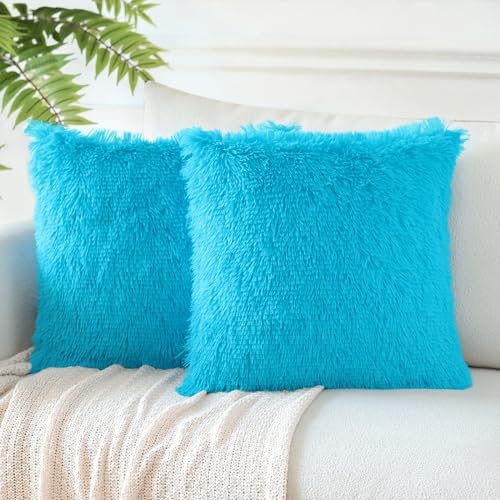 JOTOM 2er Set Kissenbezüge Künstlich Pelz Sofakissen Dekorative Dekokissen Plüschkissen Kuschelig Flauschig Kissenbezug für Sofa 45x45cm Eisblau