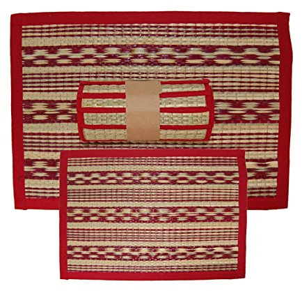 Hand Woven Reed & Fabric Square 6PCS TABLE MATS Set & 2 Floor CARPET, Rush Placement Hotel/Home Dining Table Decor Mats Pack, Home Door Entrance Carpet for New Year Gift (2 Carpets)