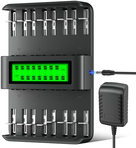 Mspalocell 16 Slot Akku Ladegerät für 1,2V AA/AAA/C/D Wiederaufladbare Batterien (NI-Mh/NI-CD), LCD-Display, Unabhängiges/Gemischtes Laden, 12V/2A Eingang Ladegerät (Charger)