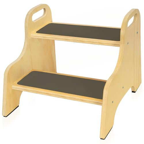 IBVIVIC Tritthocker für Kinder Trittschemel Holz 2-Stufen-Kinderschemel mit 4 Anti-Rutsch-Fußpads & 2 Teppiche, Tragbare Griffe, für Bad Waschbecken Töpfchen Training Küche Schlafzimmer Hausgebrauch