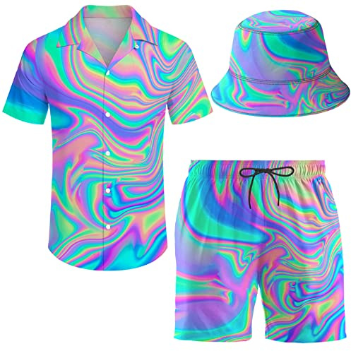 Chándal de 3 piezas para hombre, camisa hawaiana, pantalones cortos de playa, camisa con botones y pantalones cortos con sombreros de pescador, psicodélico, Trippy psicodélico, S