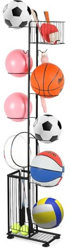 Soporte para bolas, 7 niveles Soporte De Bola Negro verticales de bala, estantería de almacenamiento para pelotas deportivas, organizador de para Baloncesto, Fútbol, Rugby, Voleibol, Fútbol (Negro)