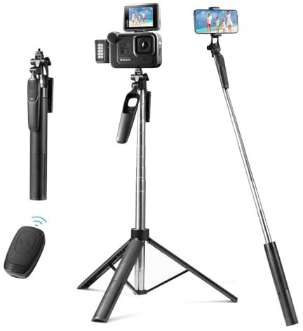 Oderra - Trípode para Smartphone 3 en 1 con Palo para Selfie, Bluetooth – Mando a Distancia Desmontable, 160 cm retráctil + estabilización 360 ° Compatible con iPhone/Samsung/Huawei