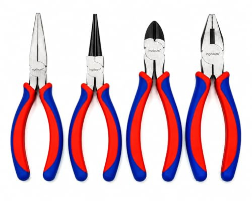 INGDAUM® Pinze in acciaio al carbonio forgiato – Impugnature bicolore Blu-Rosso – Superficie lucidata – Set o singole: Pinza acqua, combinata, a becchi lungh, Tronchese (4 pinze)