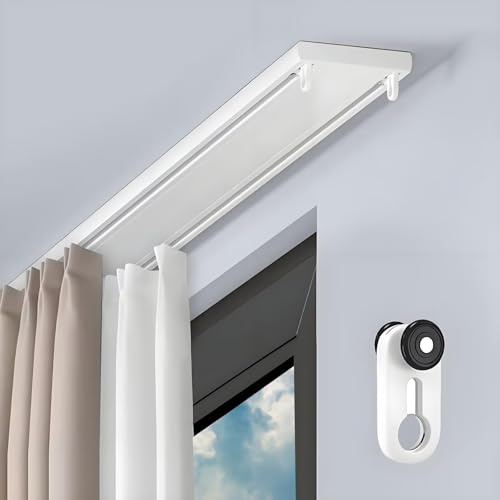 Double Curtain Track Ceiling Mounted Aluminum Curtain Rails Silent Slider Track System for Bedroom Kitchen Room Divider White 1.1m(3.6ft)