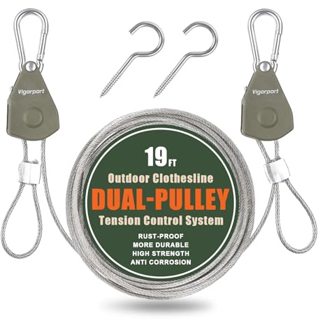 Vigorport Outdoor Retractable Clothesline Portable Travel Clothes Line Wire Ropes with PVC Coating Heavy Duty Rope Pully System for Camping, RV, Indoor Backyard（19Ft）
