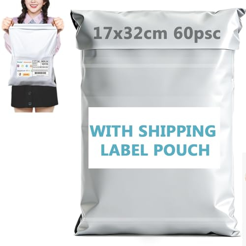 XRXYMQ Sacs d'Expédition 60 PCS 17 × 32 cm Sacs Colis en Plastique Opaques et Résistants à l’Eau Pochettes d'Envoi Blanches Non Imprimées avec Pochette pour Étiquette pour Vêtements et Colis Vinted