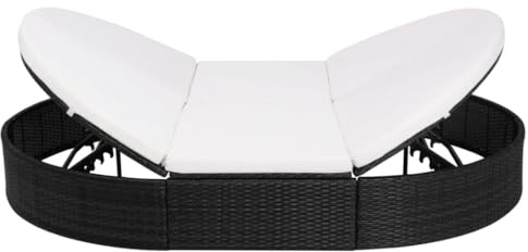 Lettino lounge per esterni, in polyrattan, nero, con cuscino, 200 x 140 x 28 cm, resistente alle intemperie, con doppio lettino da sole regolabile e imbottitura, per terrazza, balcone, piscina