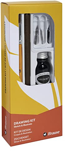 Brause 145B - Kit di apprendimento, comprende 3 pennini da disegno (66B, 511B e 513B), un portapenne in legno, un pennello, un flacone di inchiostro di china nero e istruzioni d'uso